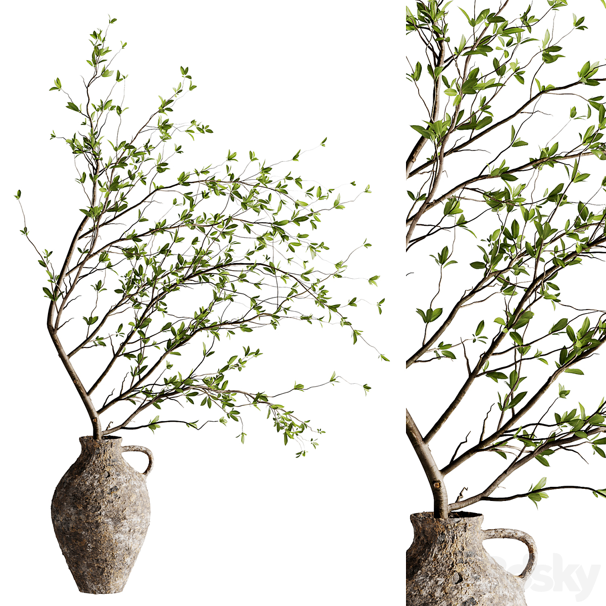 Bouquet of twigs inserted into a clay pot 06 VR_小熊猫超级